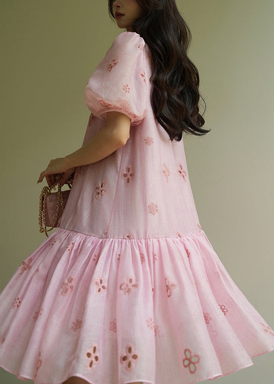 Elegant Pink V Neck Hollow Out Lace Up Cotton Dress Summer