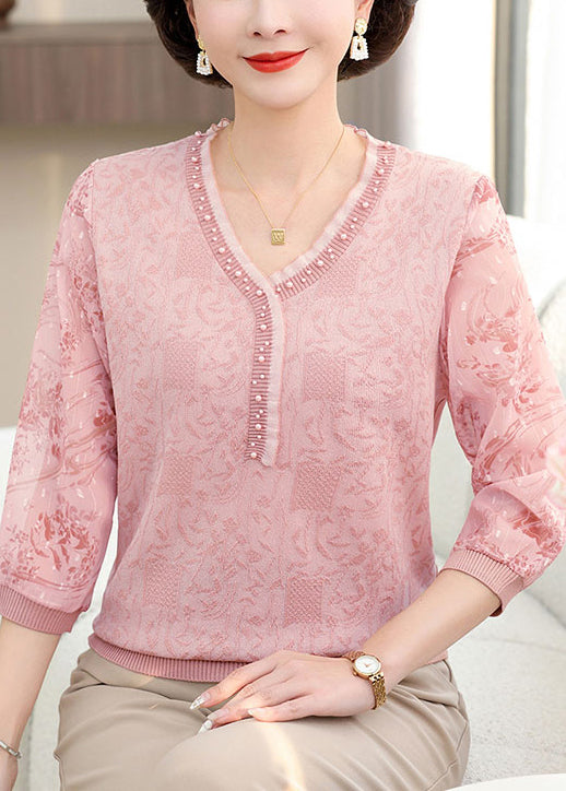 Elegant Pink V Neck Nail Bead Patchwork Knit T Shirt Half Sleeve