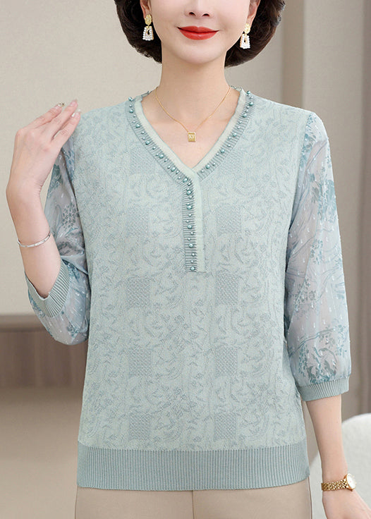 Elegant Pink V Neck Nail Bead Patchwork Knit T Shirt Half Sleeve