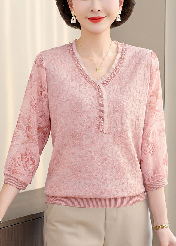 Elegant Pink V Neck Nail Bead Patchwork Knit T Shirt Half Sleeve