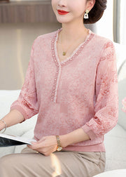Elegant Pink V Neck Nail Bead Patchwork Knit T Shirt Half Sleeve