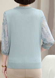 Elegant Pink V Neck Nail Bead Patchwork Knit T Shirt Half Sleeve