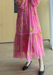 Elegant Pink V Neck Print Patchwork Chiffon Long Dresses Fall