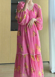 Elegant Pink V Neck Print Patchwork Chiffon Long Dresses Fall
