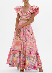 Elegant Pink V Neck Print Pockets Cotton Two Piece Set Summer