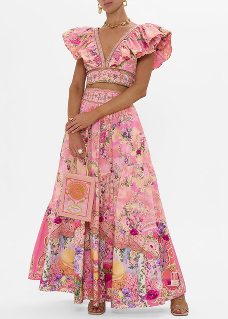 Elegant Pink V Neck Print Pockets Cotton Two Piece Set Summer