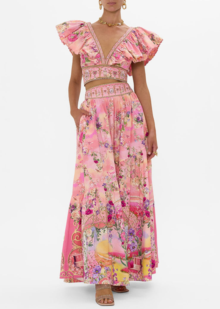 Elegant Pink V Neck Print Pockets Cotton Two Piece Set Summer