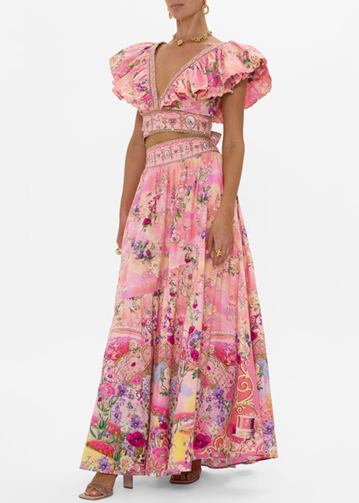 Elegant Pink V Neck Print Pockets Cotton Two Piece Set Summer