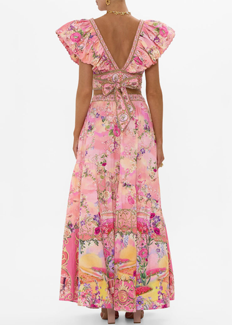 Elegant Pink V Neck Print Pockets Cotton Two Piece Set Summer