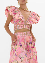 Elegant Pink V Neck Print Pockets Cotton Two Piece Set Summer