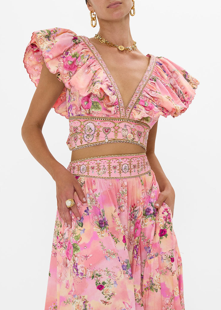 Elegant Pink V Neck Print Pockets Cotton Two Piece Set Summer