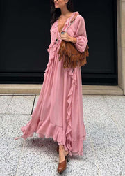 Elegant Pink V Neck Ruffled Chiffon Long Dress Fall