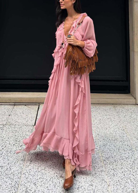 Elegant Pink V Neck Ruffled Chiffon Long Dress Fall