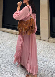 Elegant Pink V Neck Ruffled Chiffon Long Dress Fall