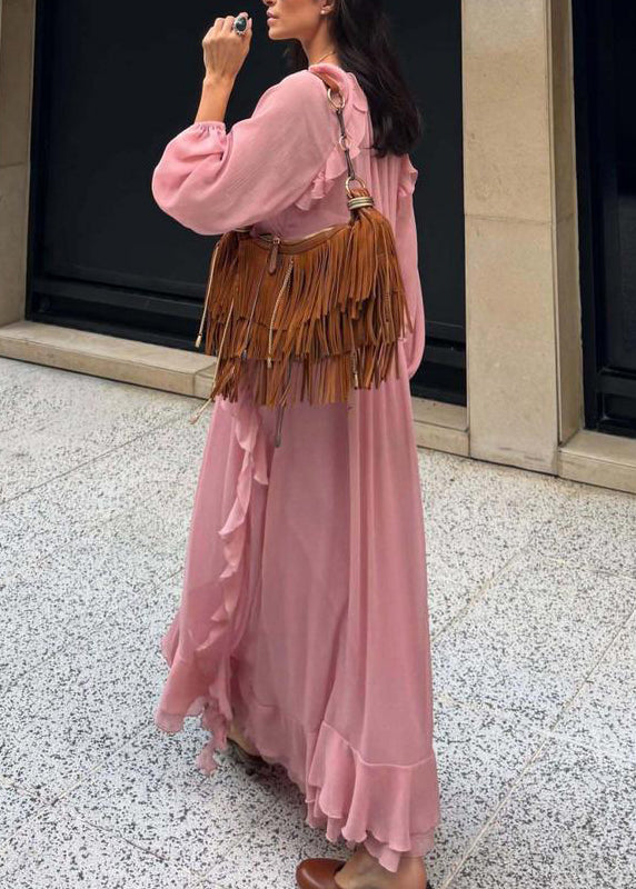 Elegant Pink V Neck Ruffled Chiffon Long Dress Fall