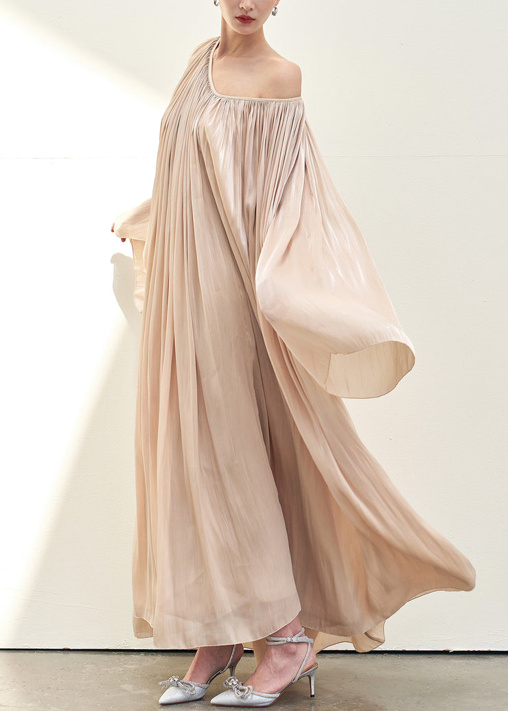 Elegant Pink V Neck Wrinkled Silk Maxi Dresses Fall