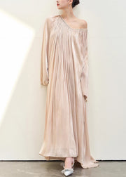 Elegant Pink V Neck Wrinkled Silk Maxi Dresses Fall