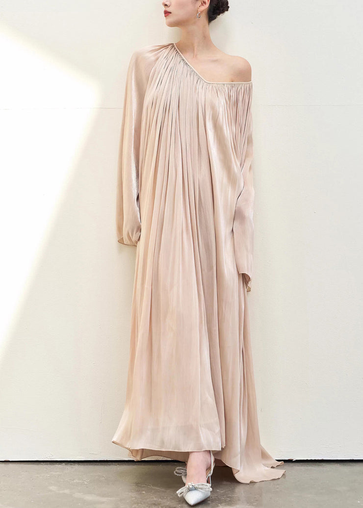Elegant Pink V Neck Wrinkled Silk Maxi Dresses Fall