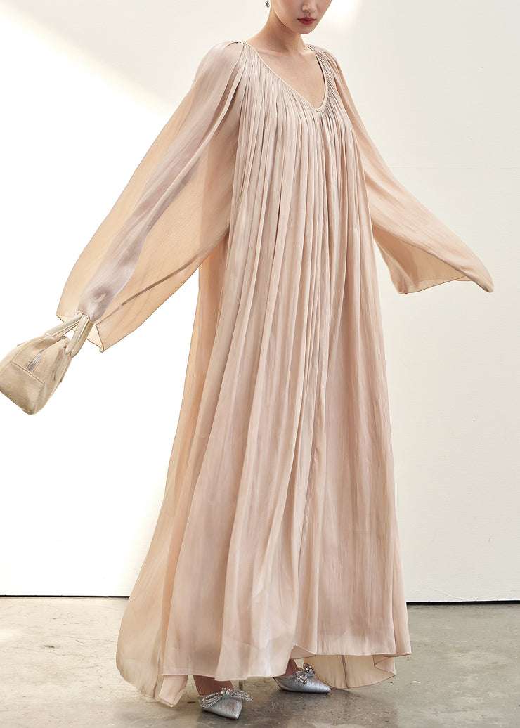 Elegant Pink V Neck Wrinkled Silk Maxi Dresses Fall