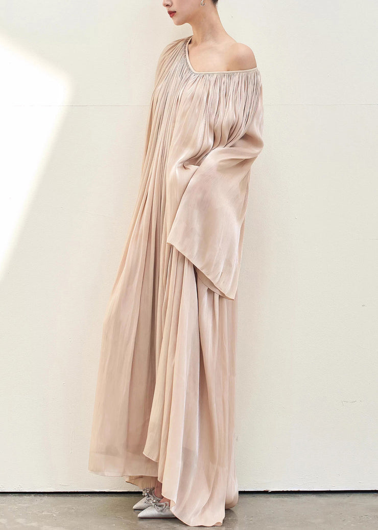 Elegant Pink V Neck Wrinkled Silk Maxi Dresses Fall