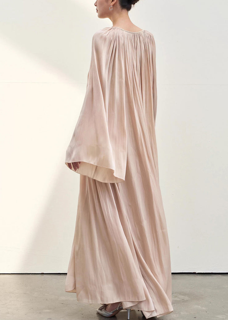 Elegant Pink V Neck Wrinkled Silk Maxi Dresses Fall