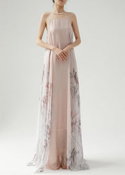 Elegant Pink Wrinkled Print Silk Spaghetti Strap Dress Sleeveless