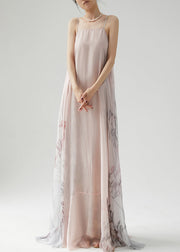 Elegant Pink Wrinkled Print Silk Spaghetti Strap Dress Sleeveless