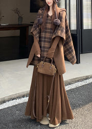 Elegant Plaid Wear On Both Sides Coats And Long Dress Two Pieces Set Cloak Sleeve
