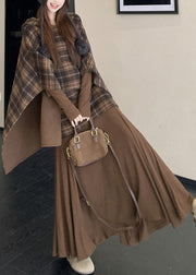 Elegant Plaid Wear On Both Sides Coats And Long Dress Two Pieces Set Cloak Sleeve
