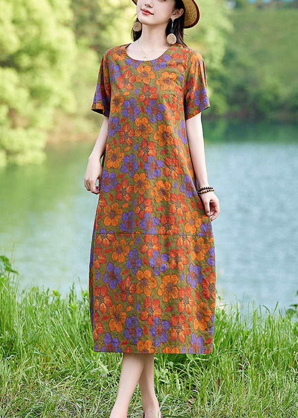 Elegant Polychrome Oversized Floral Linen Mid Dress Summer