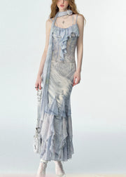 Elegant Print Ruffled Chiffon Long Spaghetti Strap Dresses Summer
