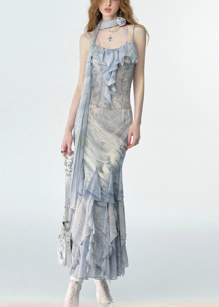 Elegant Print Ruffled Chiffon Long Spaghetti Strap Dresses Summer