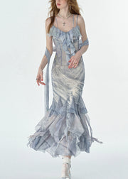 Elegant Print Ruffled Chiffon Long Spaghetti Strap Dresses Summer