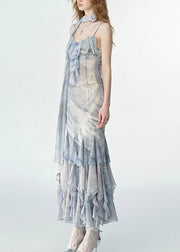 Elegant Print Ruffled Chiffon Long Spaghetti Strap Dresses Summer