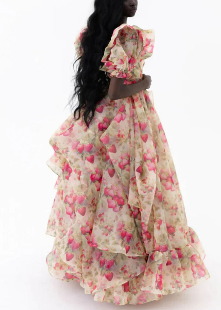 Elegant Print Ruffled High Waist Chiffon Maxi Dresses Puff Sleeve