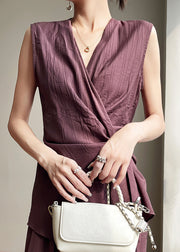 Elegant Purple Asymmetrical Lace Up Cotton Shirt Summer