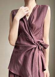 Elegant Purple Asymmetrical Lace Up Cotton Shirt Summer