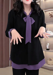 Elegant Purple Bow Patchwork Spandex Fake Two Piece Shirt Tops Fall