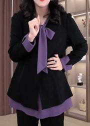 Elegant Purple Bow Patchwork Spandex Fake Two Piece Shirt Tops Fall