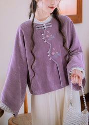 Elegant Purple Embroidered Button Cotton Coat Flare Sleeve