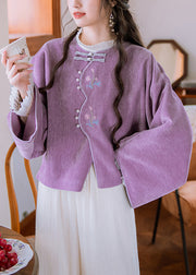 Elegant Purple Embroidered Button Cotton Coat Flare Sleeve
