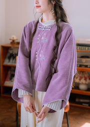 Elegant Purple Embroidered Button Cotton Coat Flare Sleeve