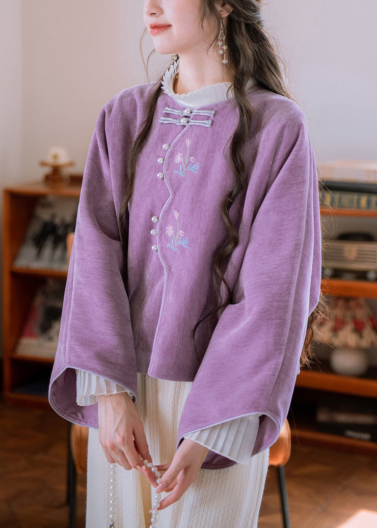 Elegant Purple Embroidered Button Cotton Coat Flare Sleeve