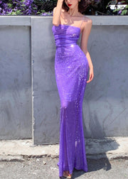 Elegant Purple Halter Sequins Side Open Silk Long Vestidos Summer