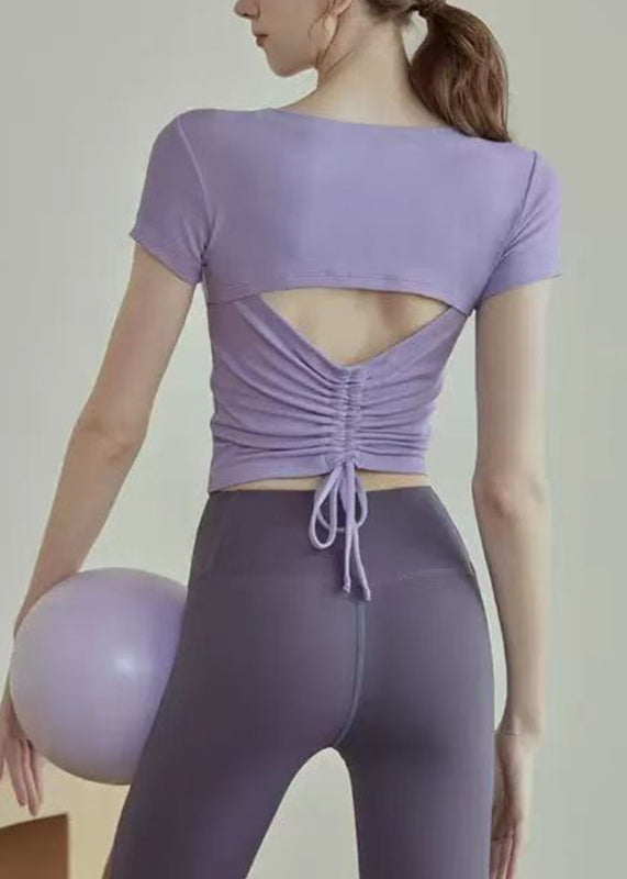 Elegant Purple O-Neck Drawstring Yoga Tops Fall