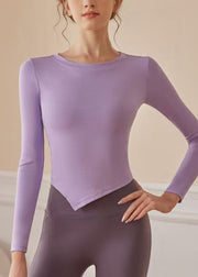 Elegant Purple O-Neck Drawstring Yoga Tops Fall