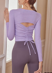 Elegant Purple O-Neck Drawstring Yoga Tops Fall