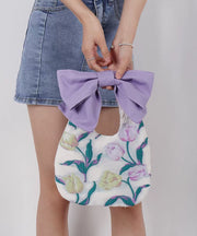 Elegant Purple Print Bow Cotton Tote Handbag
