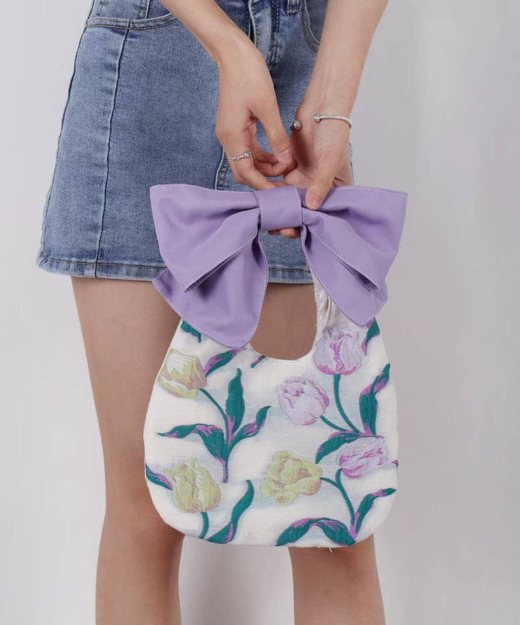 Elegant Purple Print Bow Cotton Tote Handbag