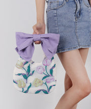 Elegant Purple Print Bow Cotton Tote Handbag